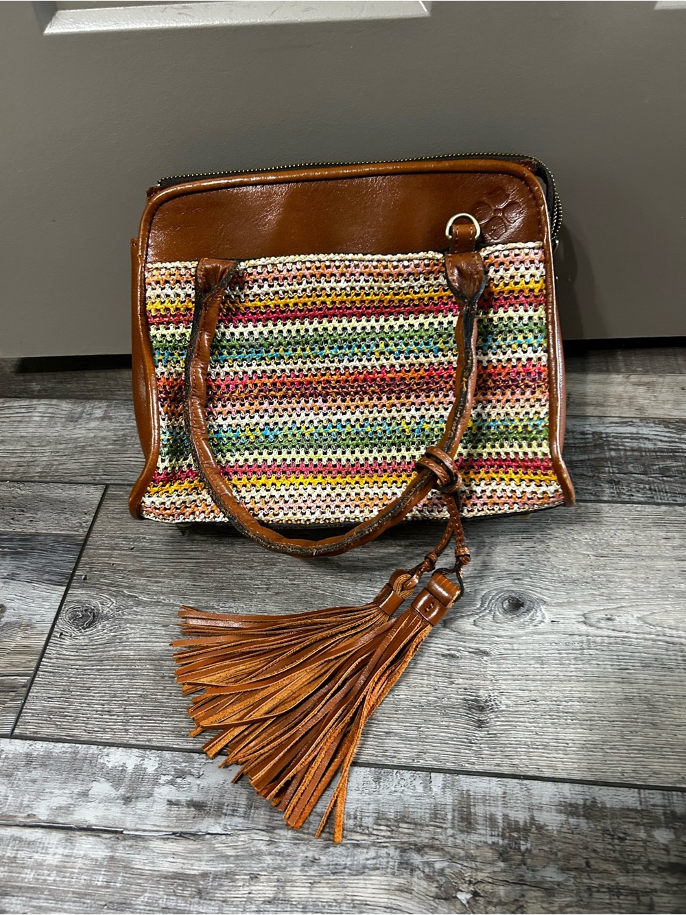 Patrica Nash Multicolor Woven Shoulder Bag Brown Leather Trim tassels zipper